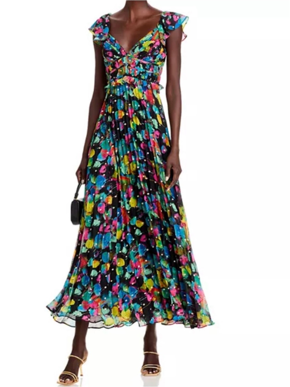 Aqua Kerri Rosenthal Maxi Dress Size Small Black Painted Pleated Ruffle Gown